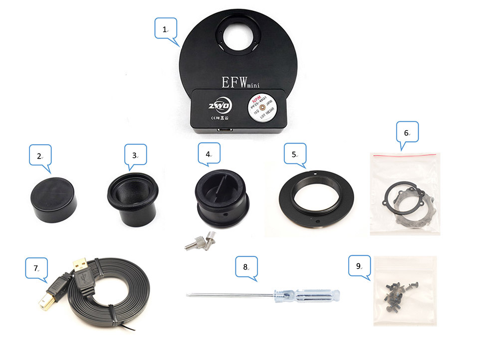 Rueda de filtros ZWO EFWmini (5 x 1.25″or 5 x 31mm)